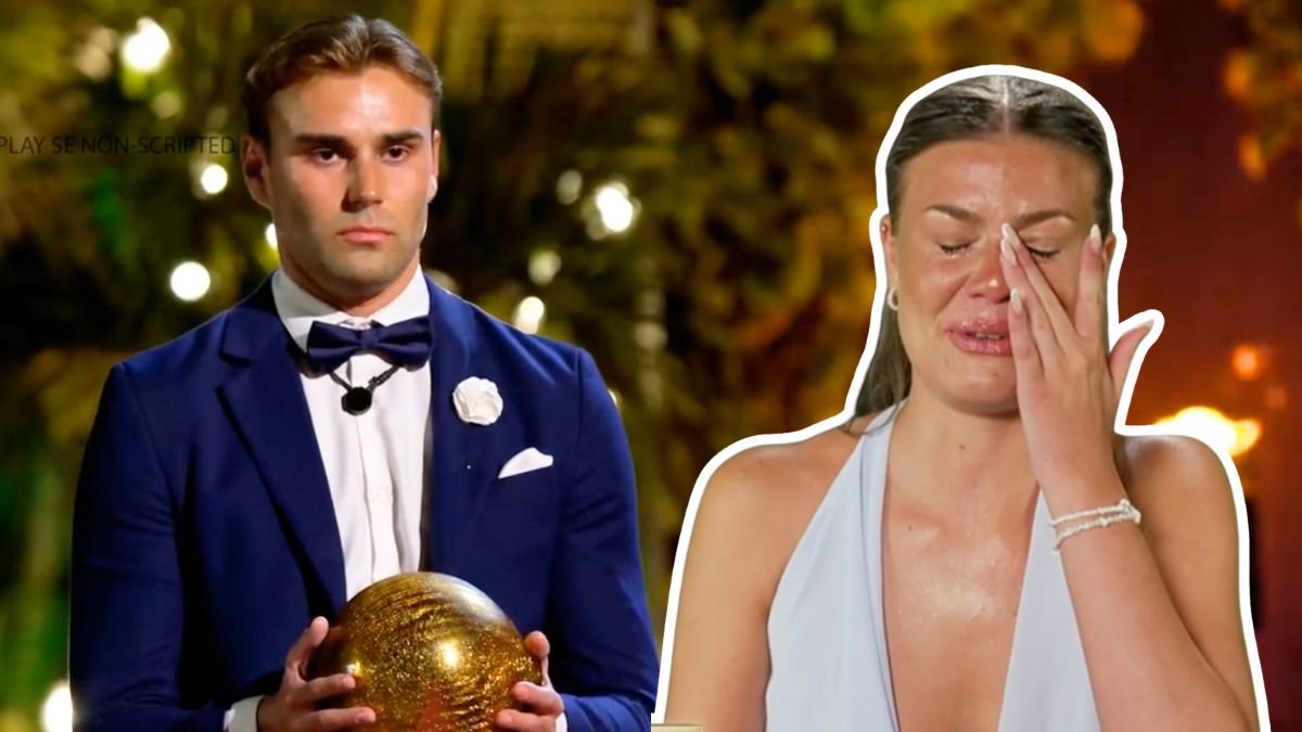 Johannes Magnussen håller i kulan i Paradise Hotel och Felicia Hallgrén gråter