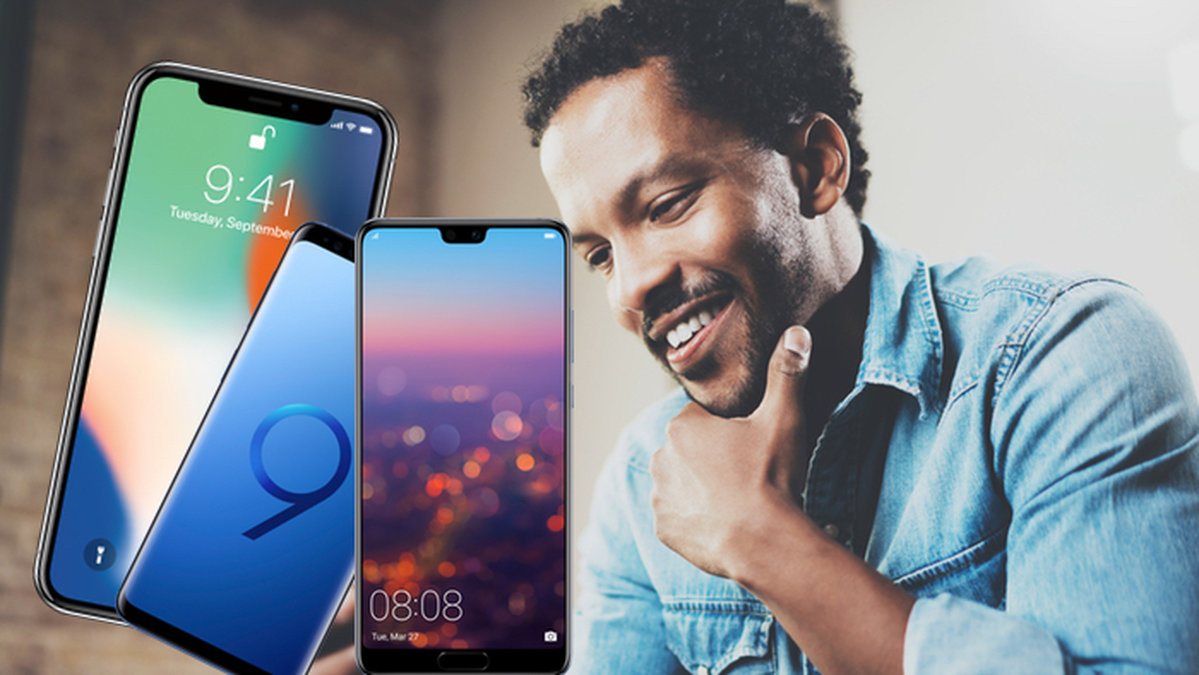 Man sitter med sin mobiltelefon. iPhone X och Huawei 