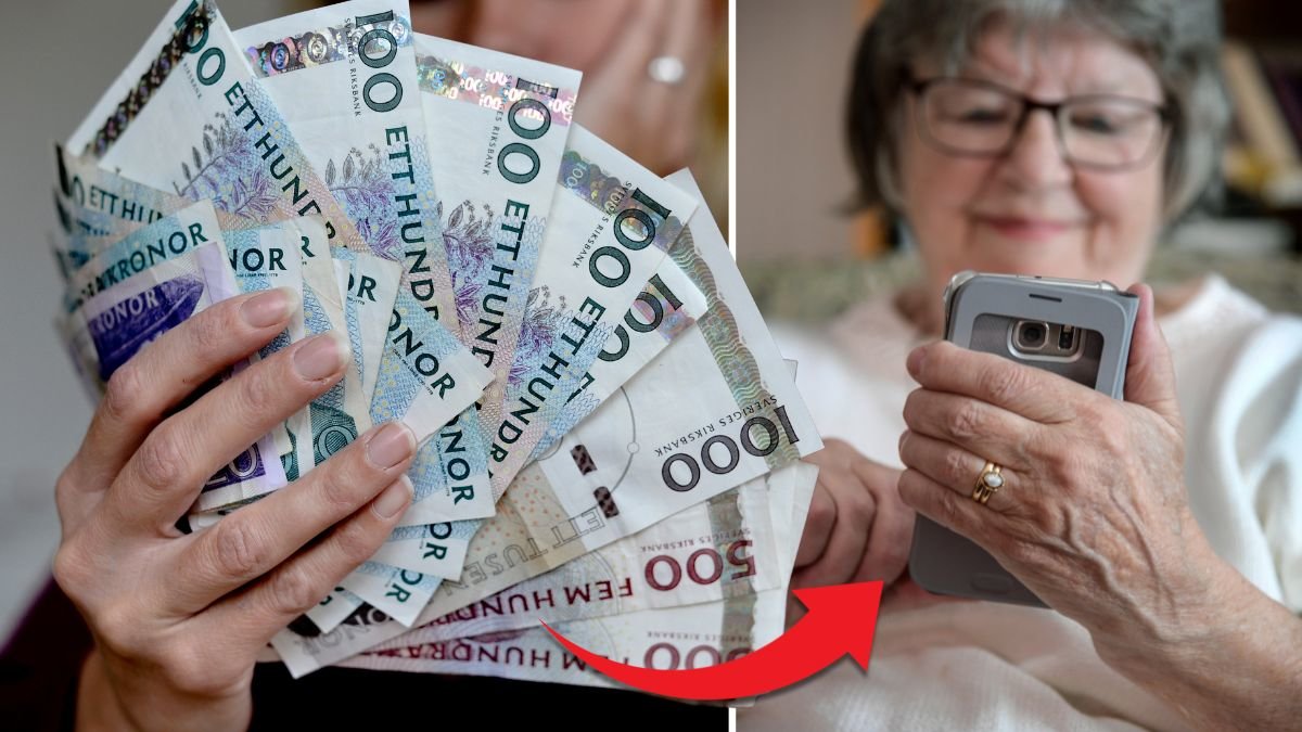 Svenska sedlar och en äldre dam som sitter med sin bankid.