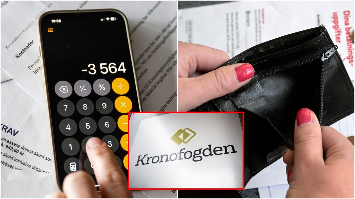 Miniräknare, tom plånbok och Kronofogden.