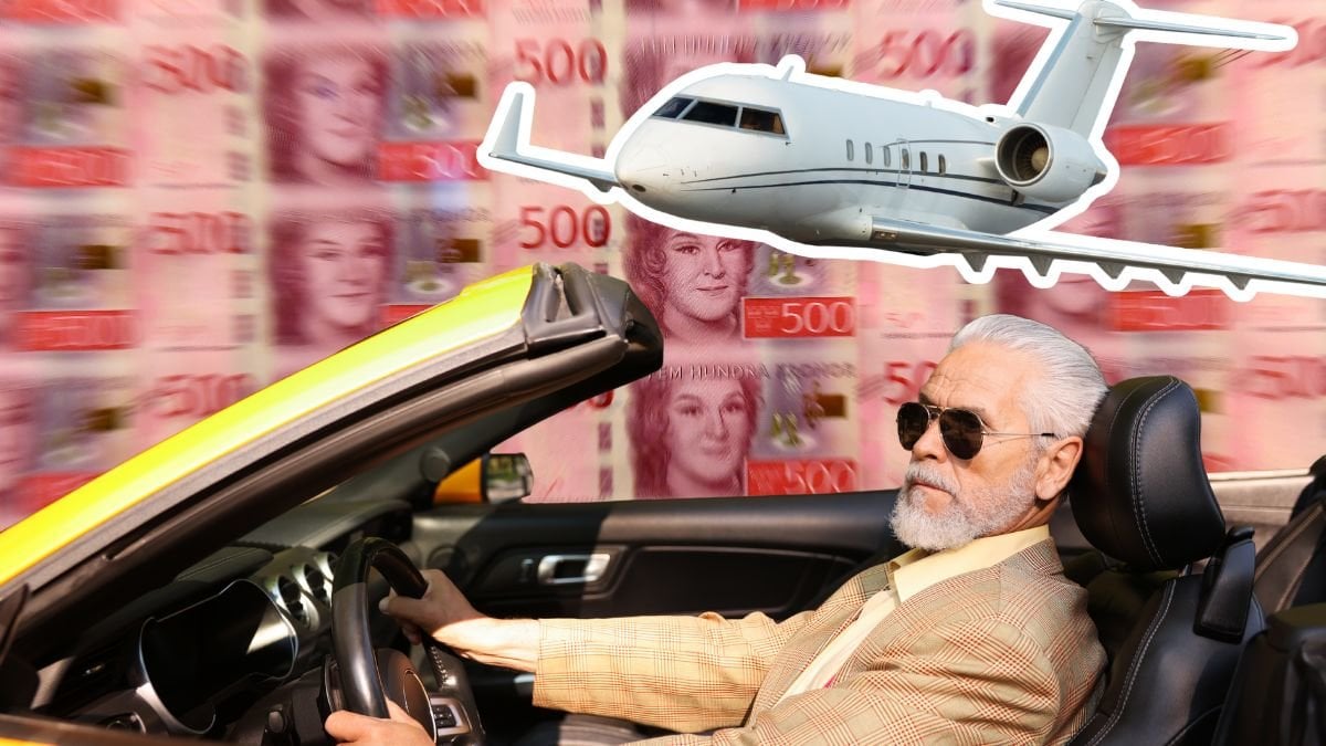 Pengar, flygplan och en man som kör en cabriolet.