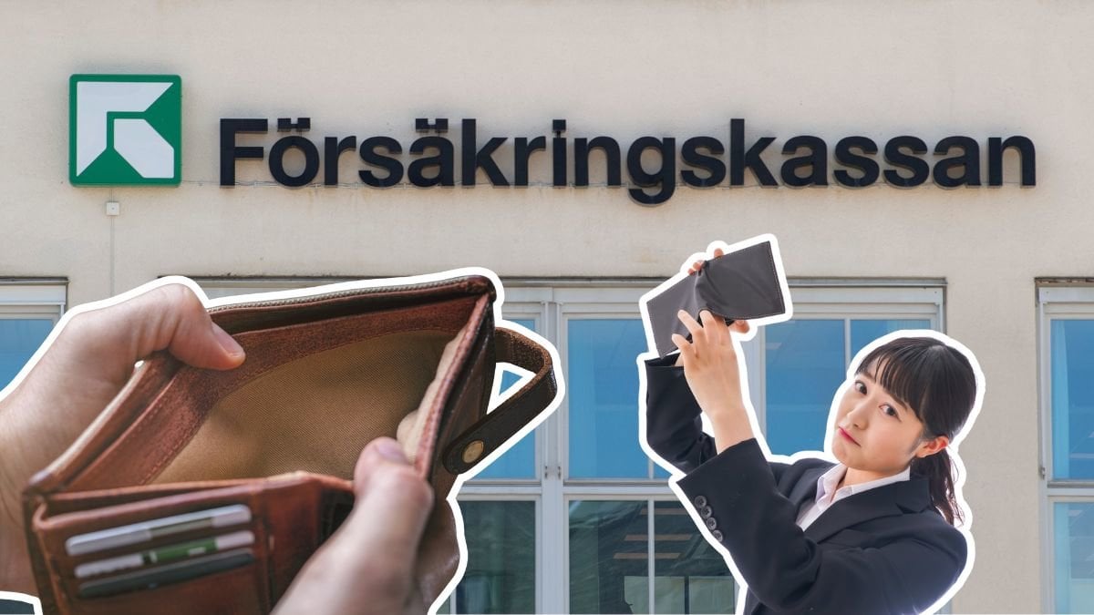 Försäkringskassan, tom plånbok och kvinna med en plånbok i handen.