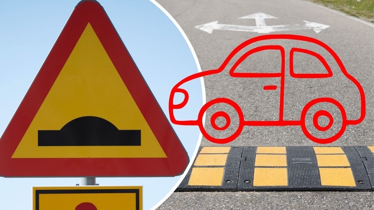 Bilder på farthinder och en skylt som gupp.