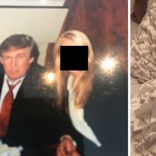 Donald trump till vänster. Latexhandske till höger.