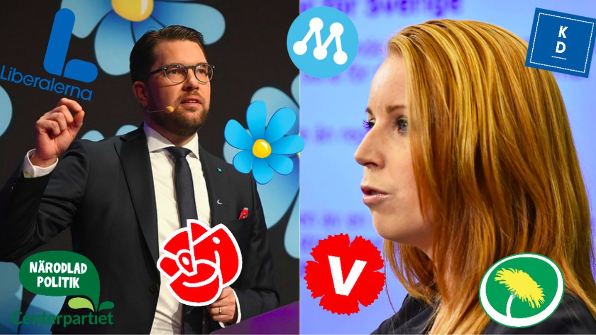 Delad bild på Jimmie Åkesson och Annie Lööf. Över bilderna ligger alla åtta partiloggorna utspridda