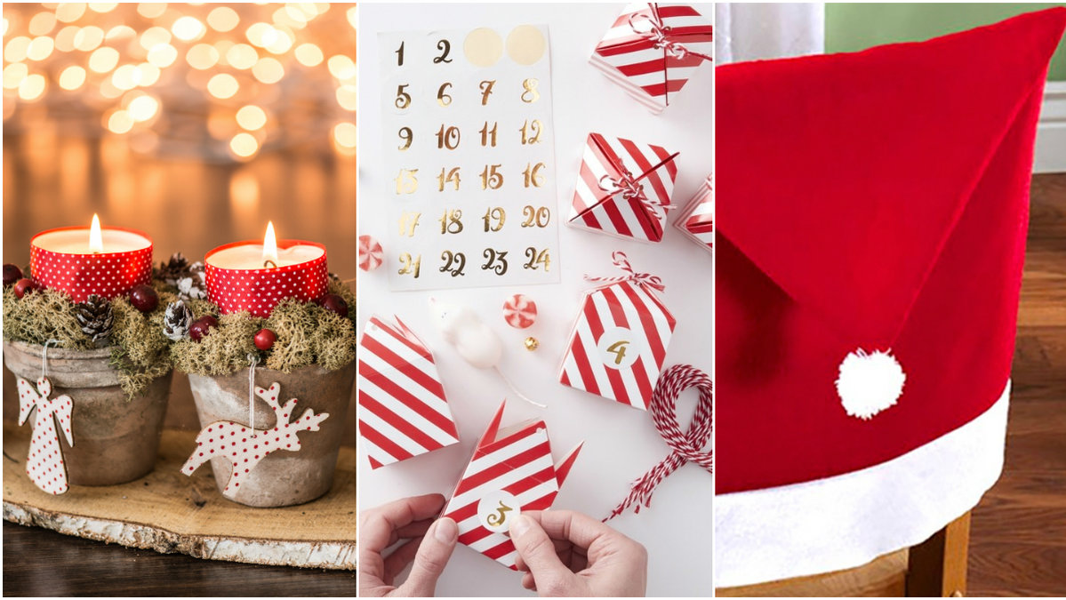 Juleljus, paketkalender, stolsöverdrag tomteluva