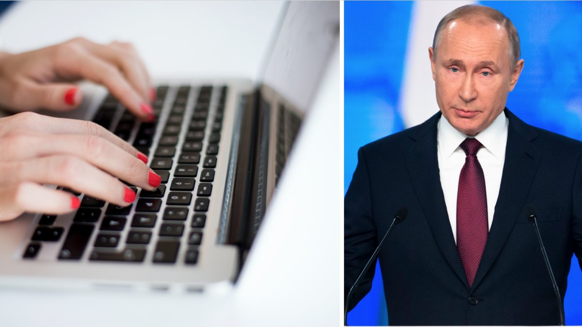 Genrebild på person som sitter vid en laptop. Bild på Putin.