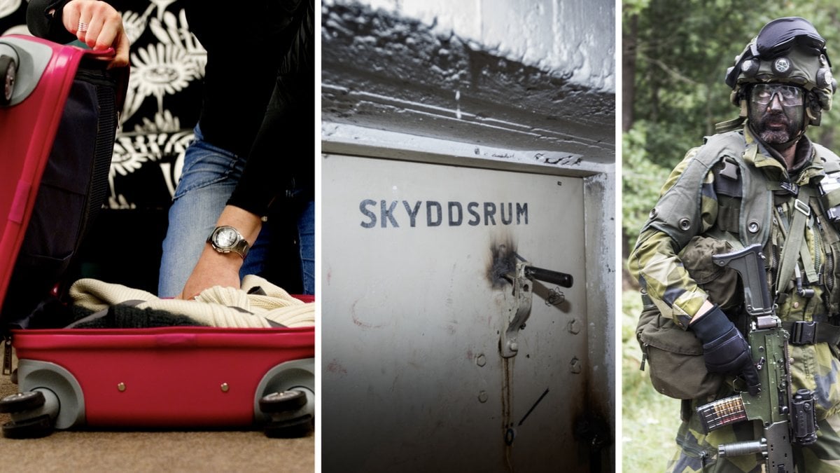 Väska, skyddsrum och genrebild på militär.