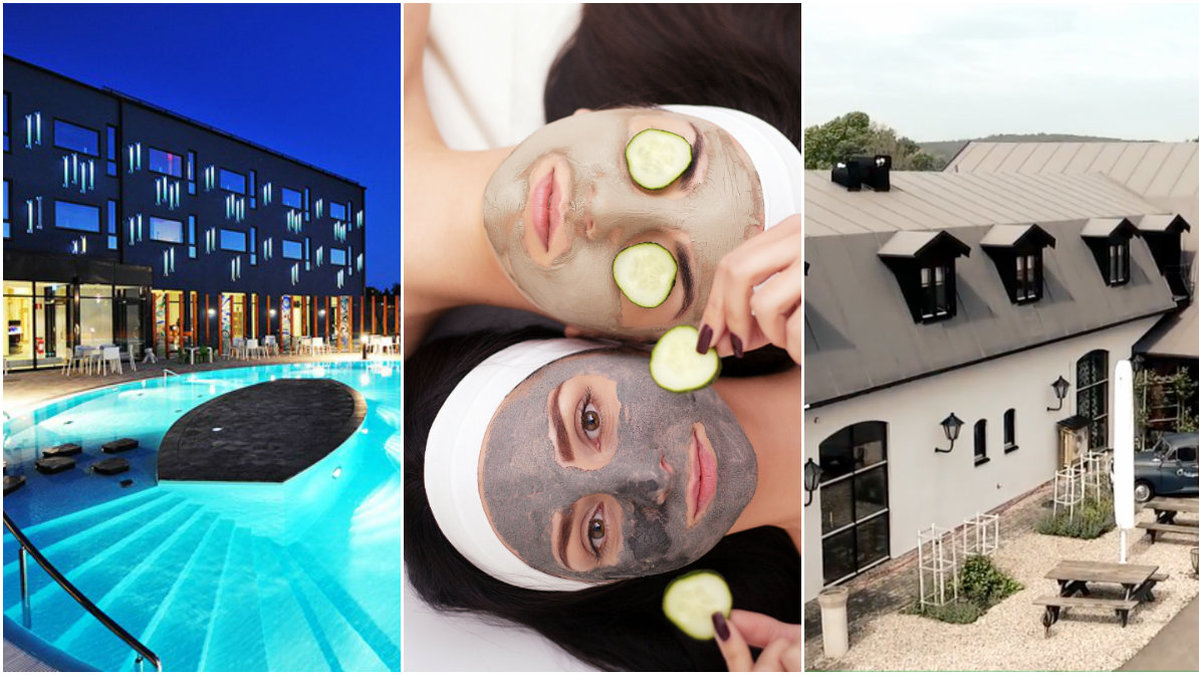 Pool, vänner med ansiktsmask, hotell.
