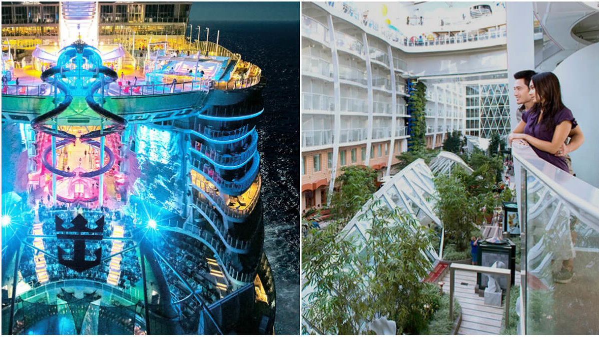 Harmony of the Seas akterdel samt två personer som står vid ett räcke inne i fartyget.