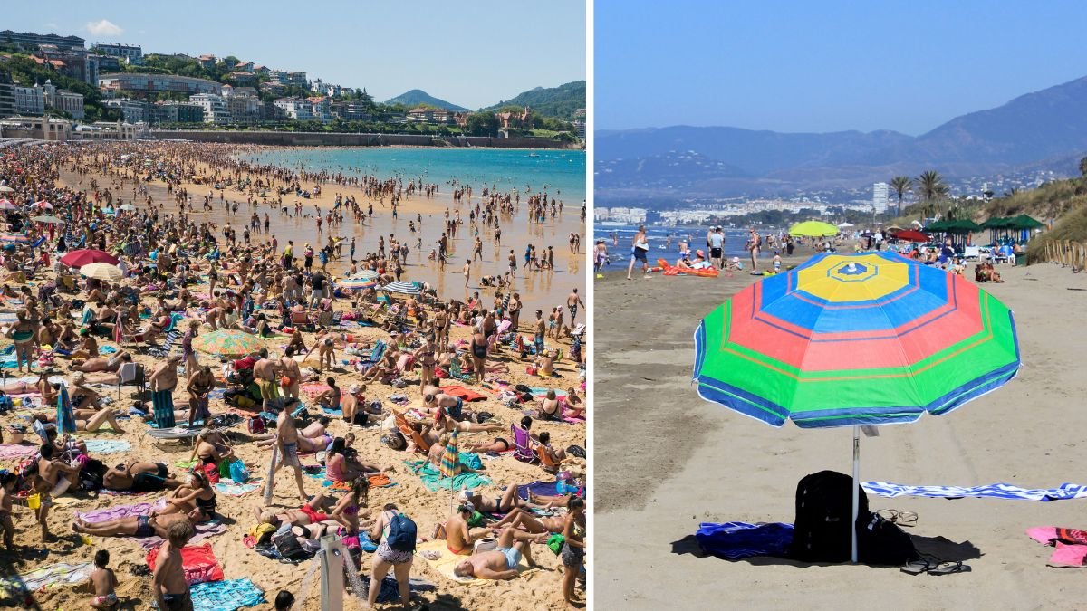 Strand i Spanien och ett solparasoll. 