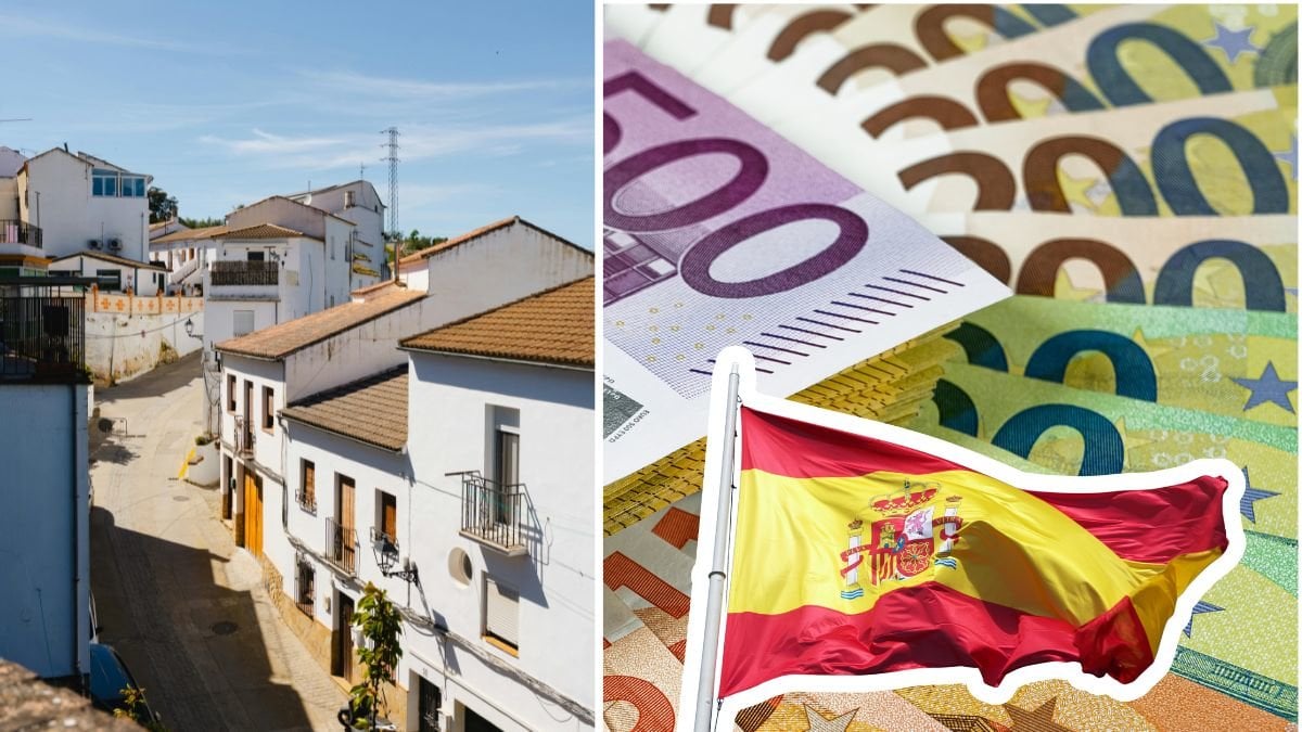 Spanien hus och vägar, samt euro och en spansk flagga.