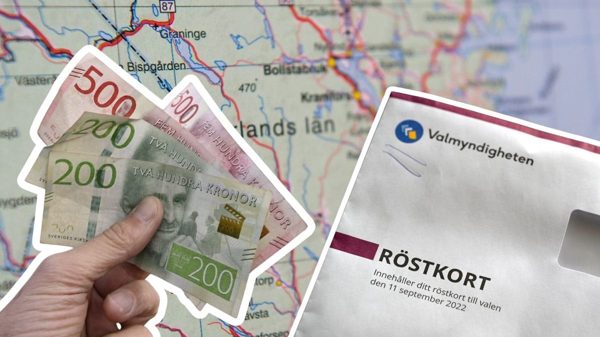 Karta i bakgrunden. En person håller kontanter vänster. Ett röstkort höger.