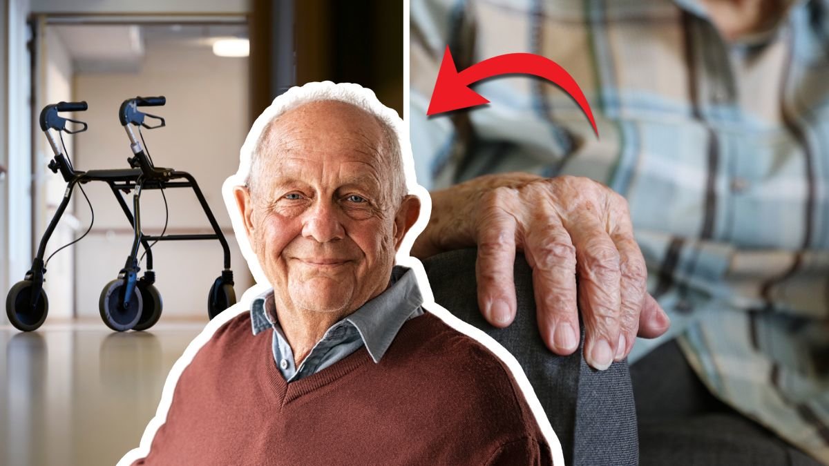 Rullstol till vänster. Utklippt bild på äldre man i mitten. Närbild på äldre hand. 