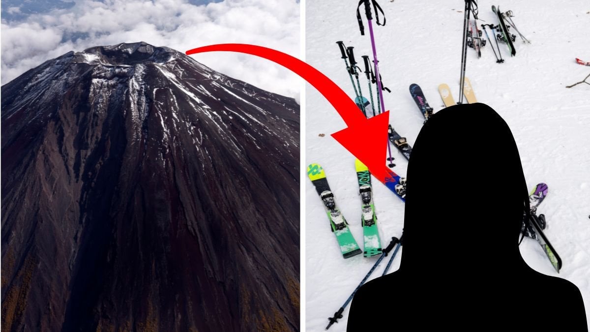 Fuji-berget vänster. Skidor höger. Siluett kvinna höger.