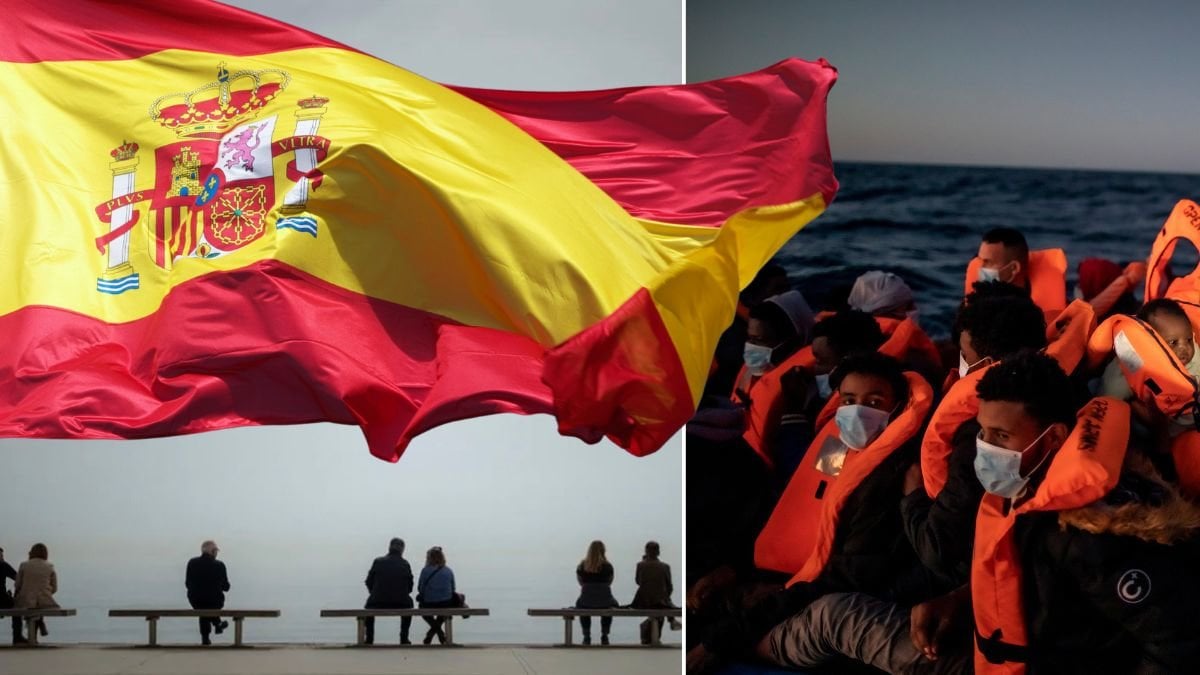 Människor på flykt och spanska flaggan.