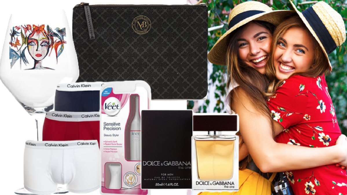 Glas, väska, kalsonger, tjejer som kramas. 