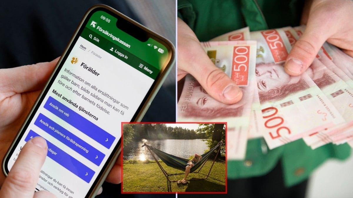 Försäkringskassans app, pengar och hängmatta.