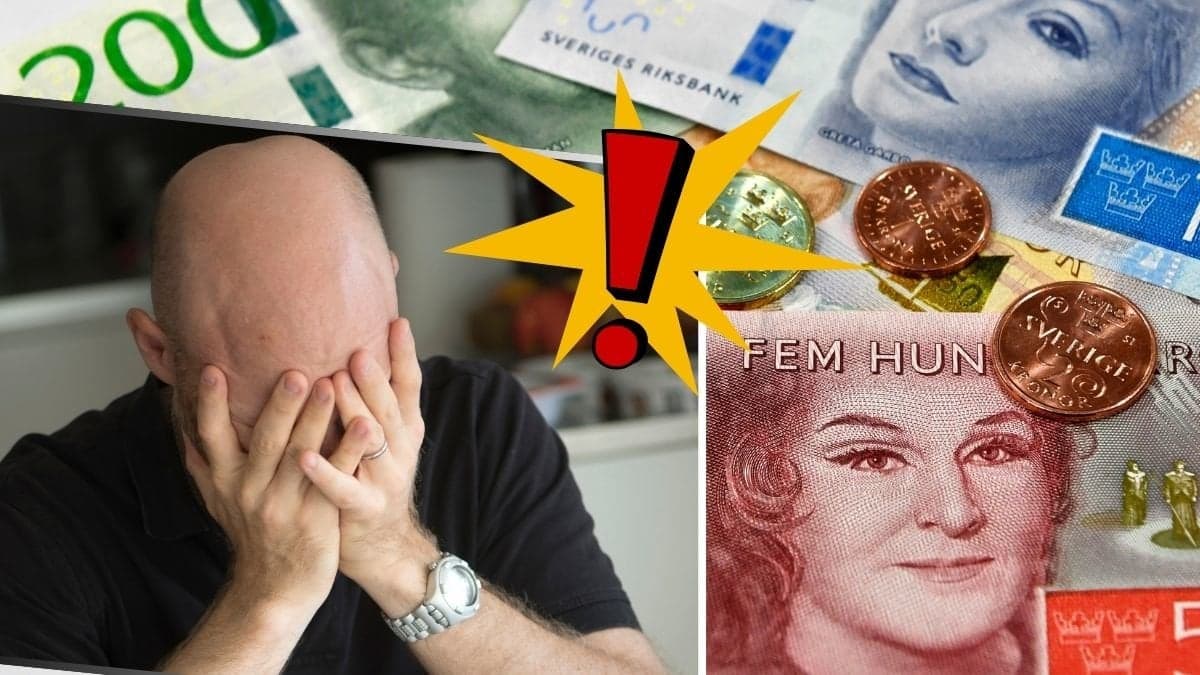 Man med huvudet i händerna, pengar och utropstecken.