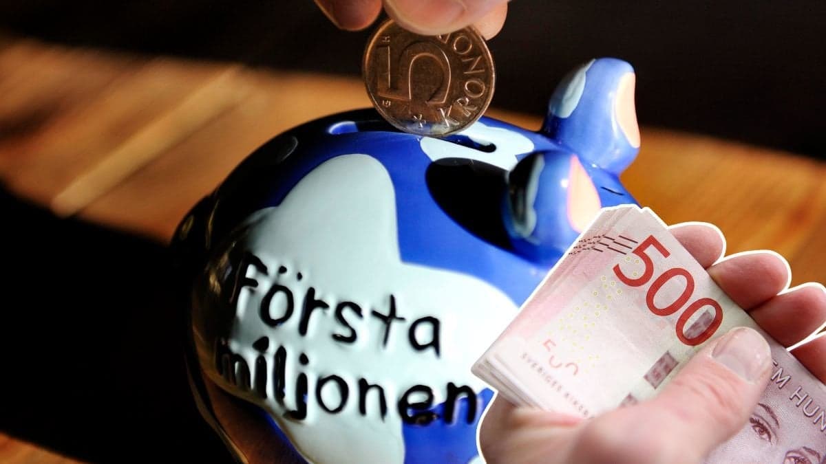 Spargris och en hand med femhundralappar.