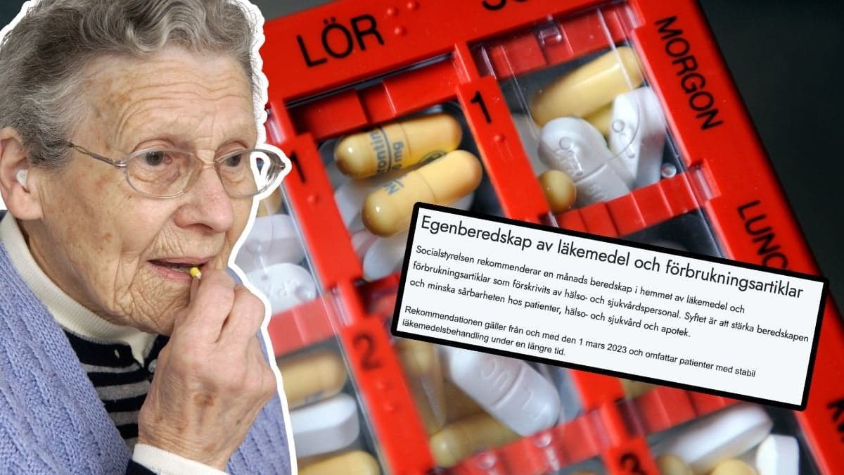 Äldre dam som tar piller och en dosett med läkemedel