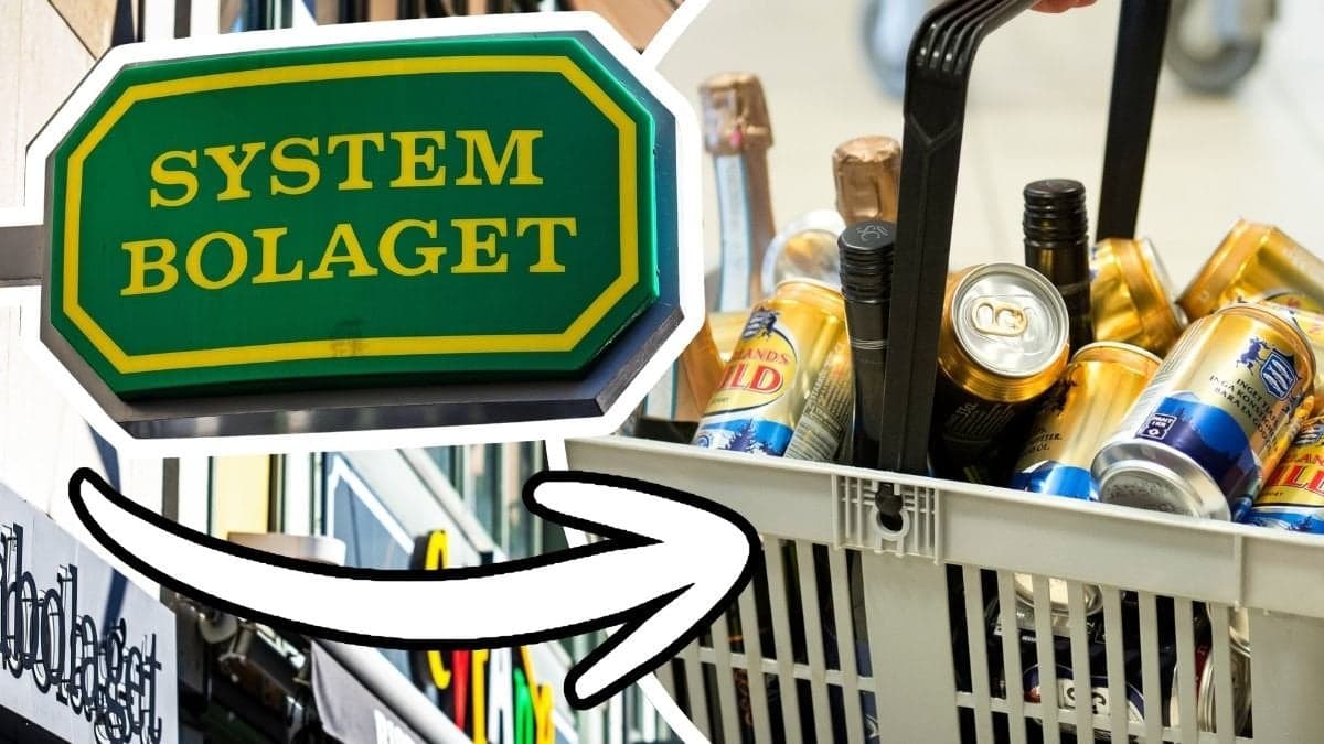 Systembolagets skylt på en fasad och alkohol i en varukorg