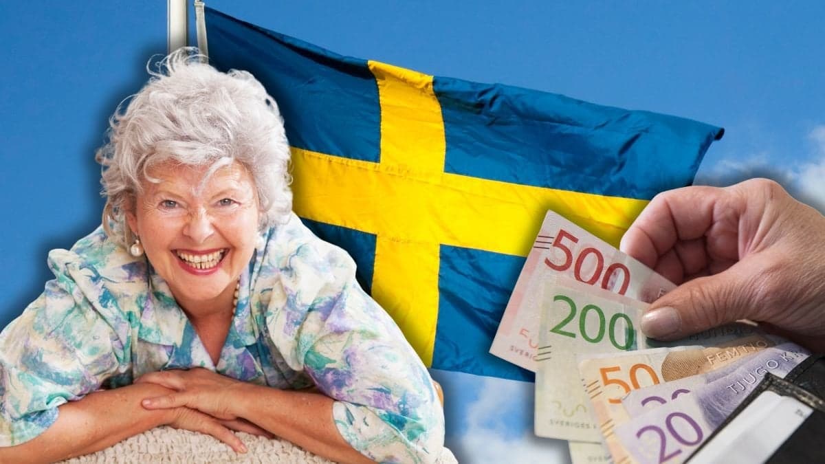 Svenska flaggan, äldre kvinna och pengar i en plånbok.