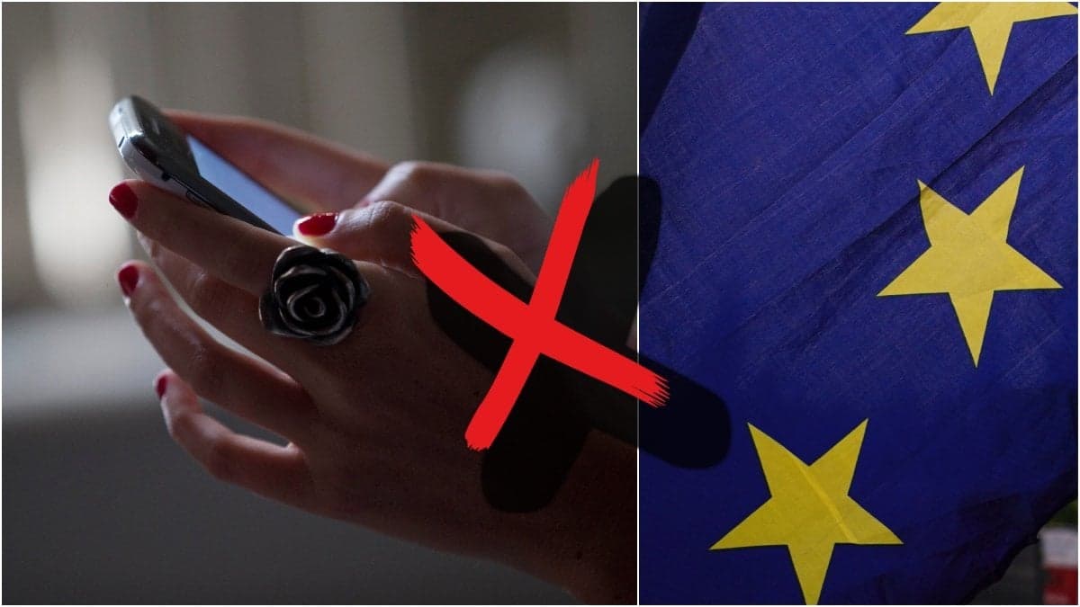 Genrebild på en mobil och en EU-flagga