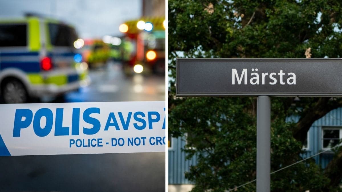 Polistejp till vänster, skylt där det står Märsta till vänster. 