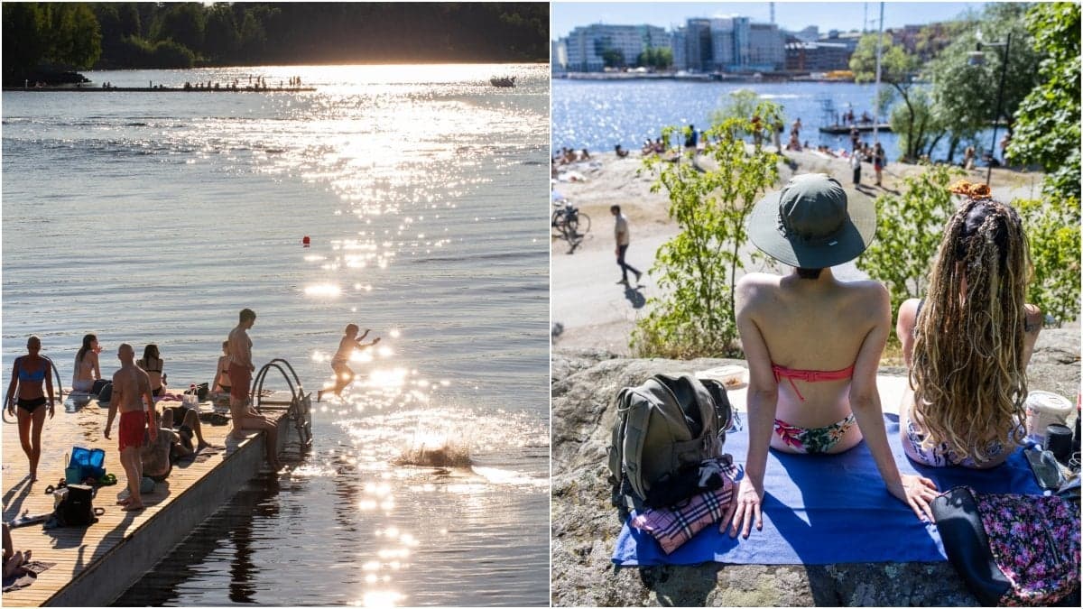 Folk som solar och badar.