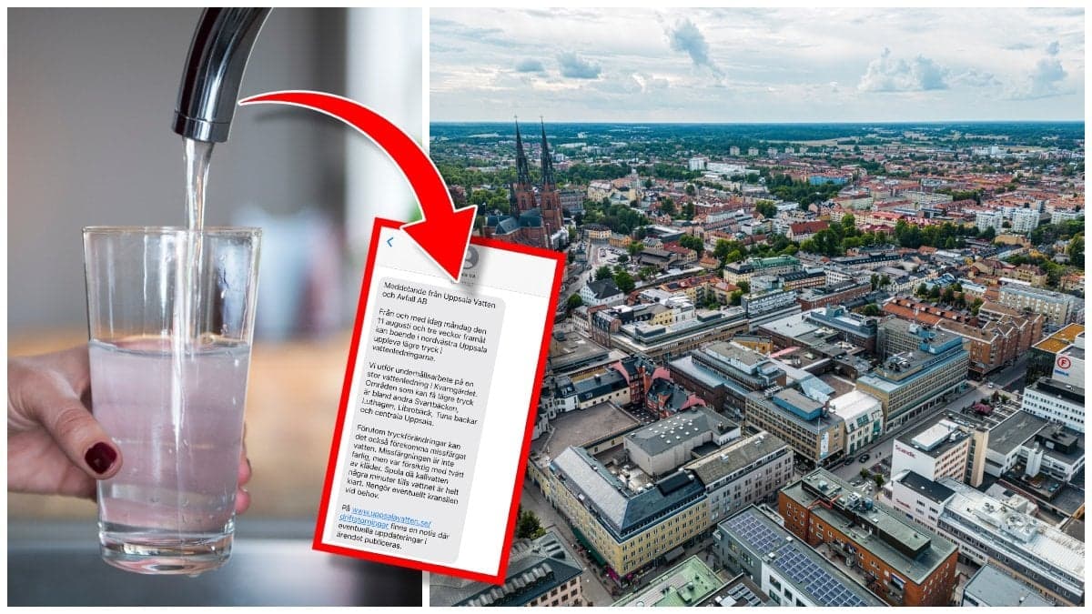 Person som fyller glas med vatten och en bild på Uppsala från ovan