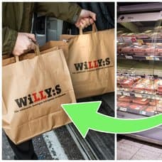 Willys-påsar och en butikskyl med kött