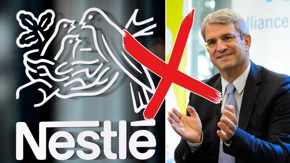 Bilder på Nestlés loga och den sparkade vd:n Laurent Freixe.