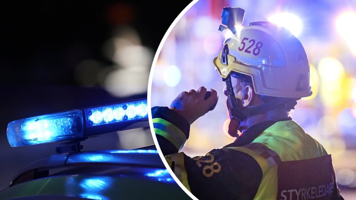 Blåljus vänster. En brandman framför en brandbil höger.