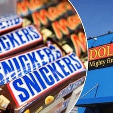 Bilder på Snickers-choklad och Dollarstores entré.