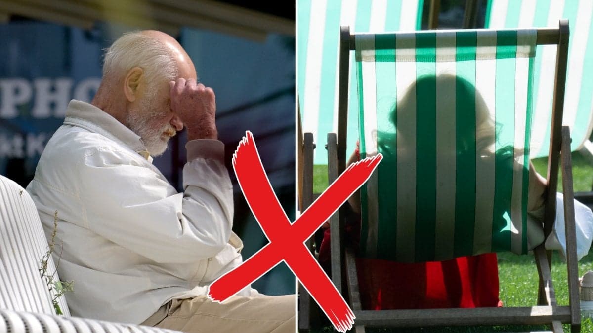 Äldre man på bänk och person i solstol.