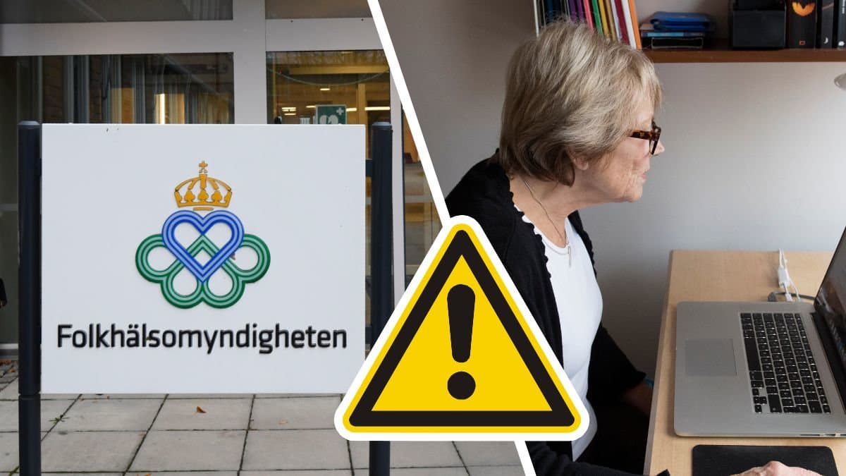 Folkhälsomyndighetens logga på en skylt och en äldre kvinna vid en dator