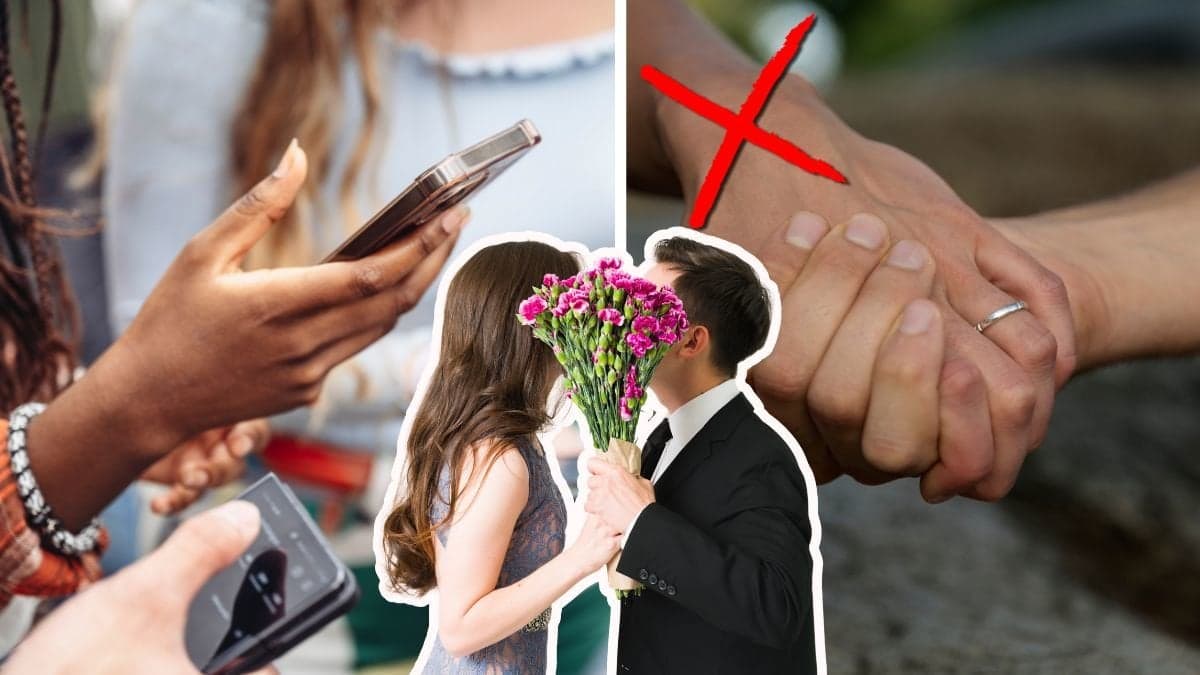 Person håller telefon till vänster, par som pussas i mitten. Händer som håller varandra till höger, ett rött kryss över handhållandet. 