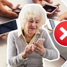 Mobiltelefoner, äldre kvinna med mobiltelefon och en 5G-mast