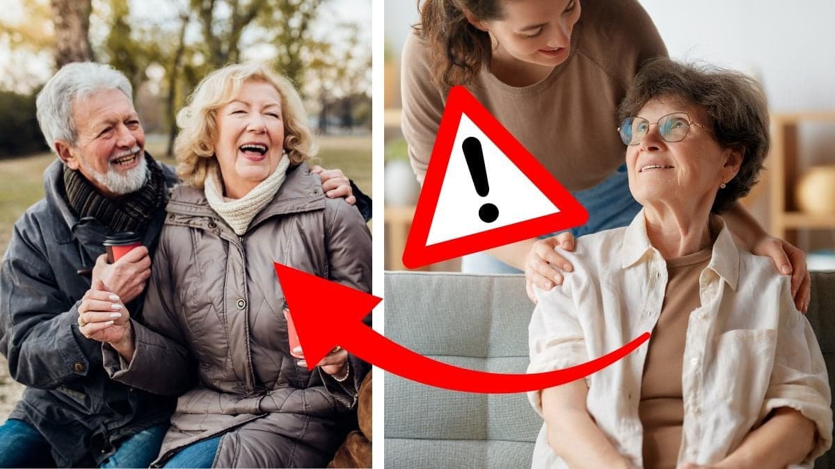 Pensionärpar med kaffe i handen som skrattar till höger. En äldre dam som håller anhörigs hand till höger. Röd pil pekar på paret. Varningskylt utklippt i mitten. 