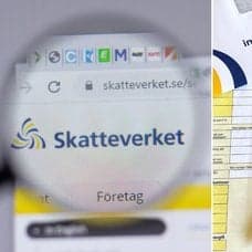 Skatteverkets hemsida och deklarationsblankett med en mobil med miniräknaren igång.
