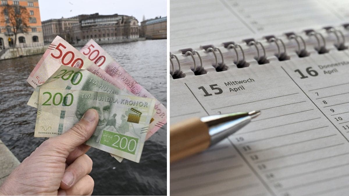 Han som håller i svenska kontanter vänster. En kalender i närbild höger.