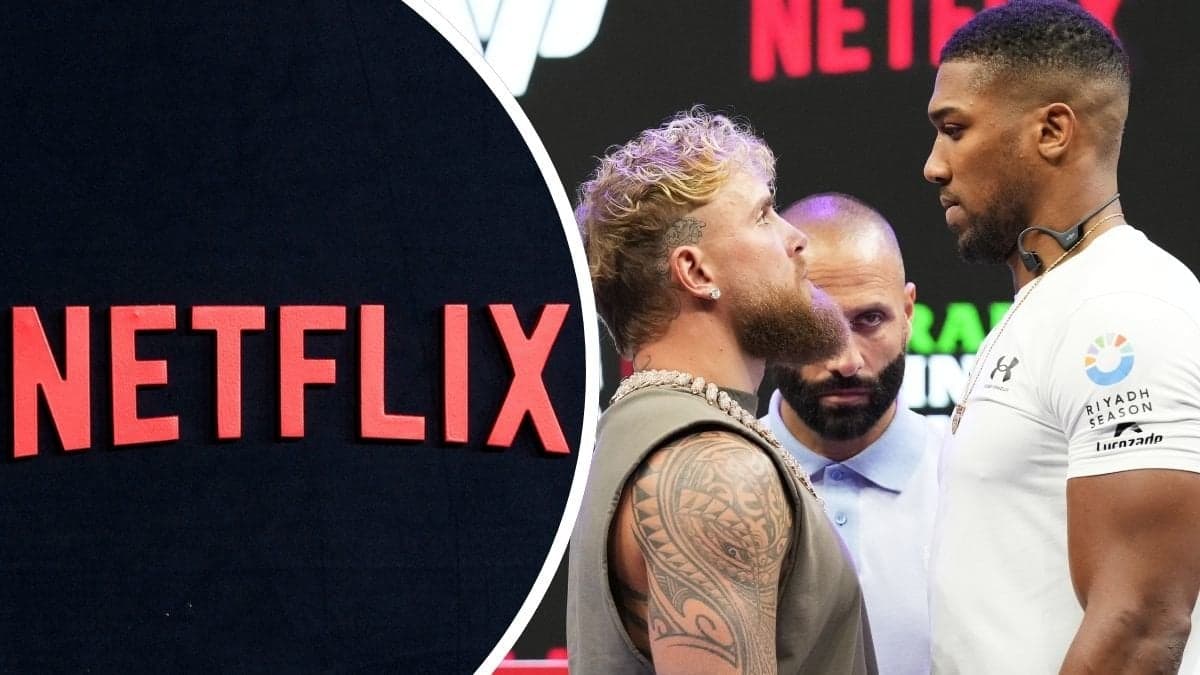 Netflix logga och Jake Paul med Anthony Joshua inför matchen.