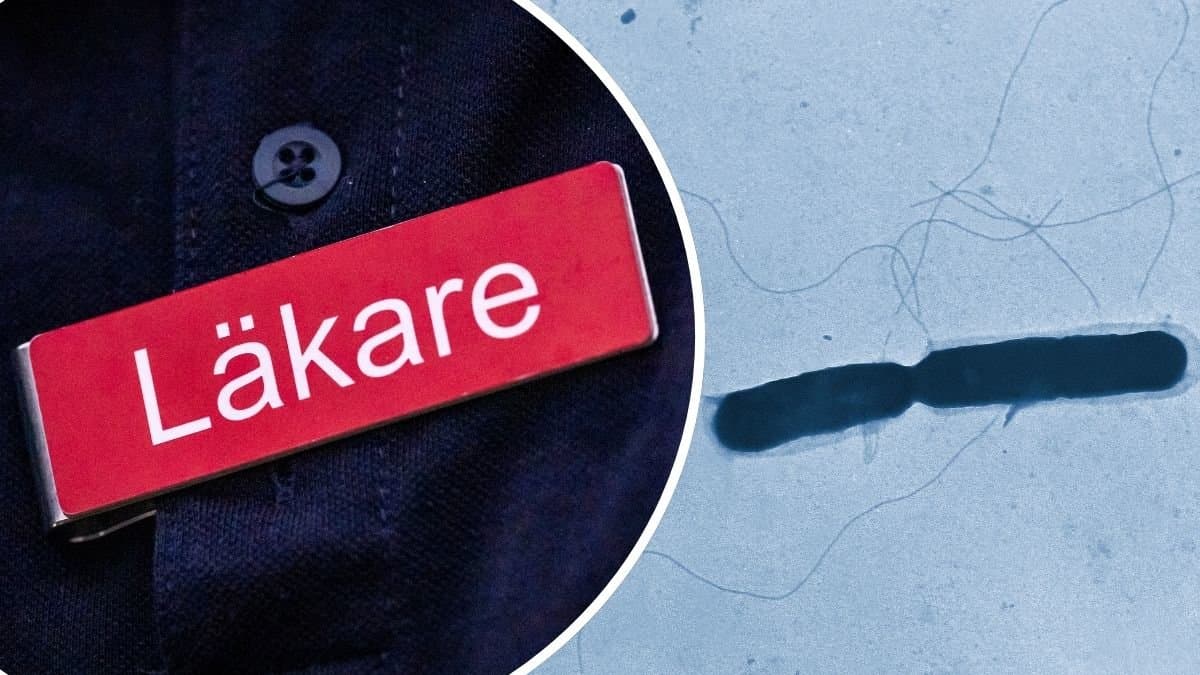 Bild på en bakterie och en läkarskylt.