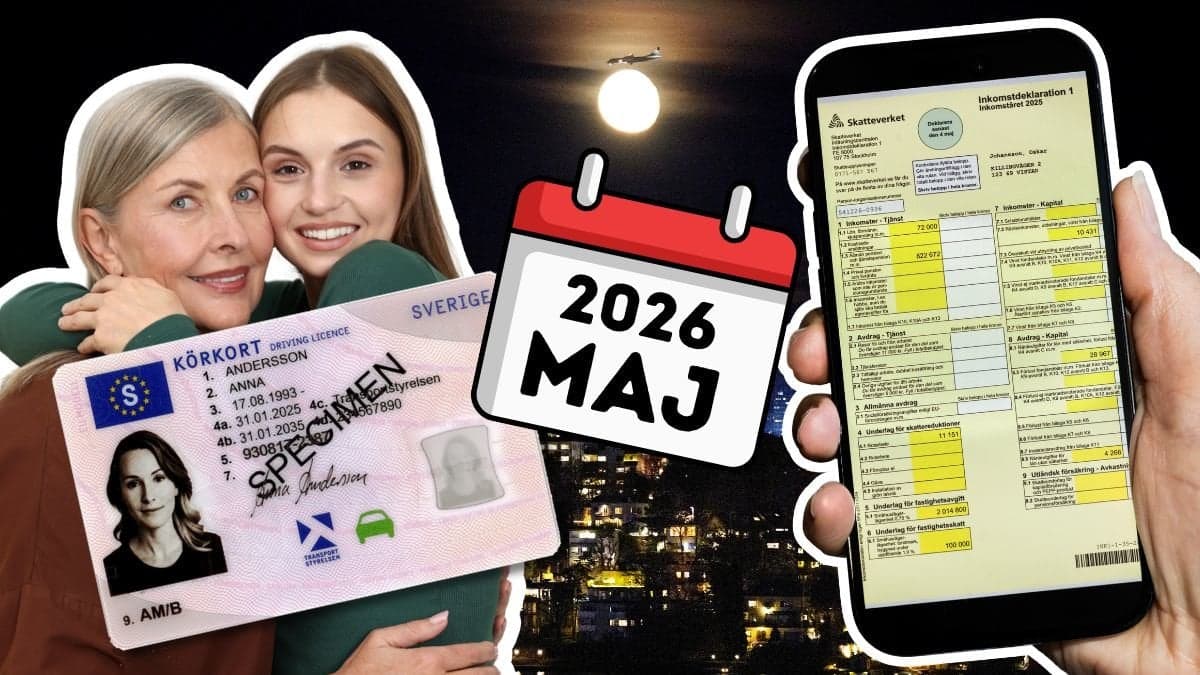 Mamma och dotter som kramas, svenskt körkort, fullmåne och Skatteverkets app i mobiltelefon