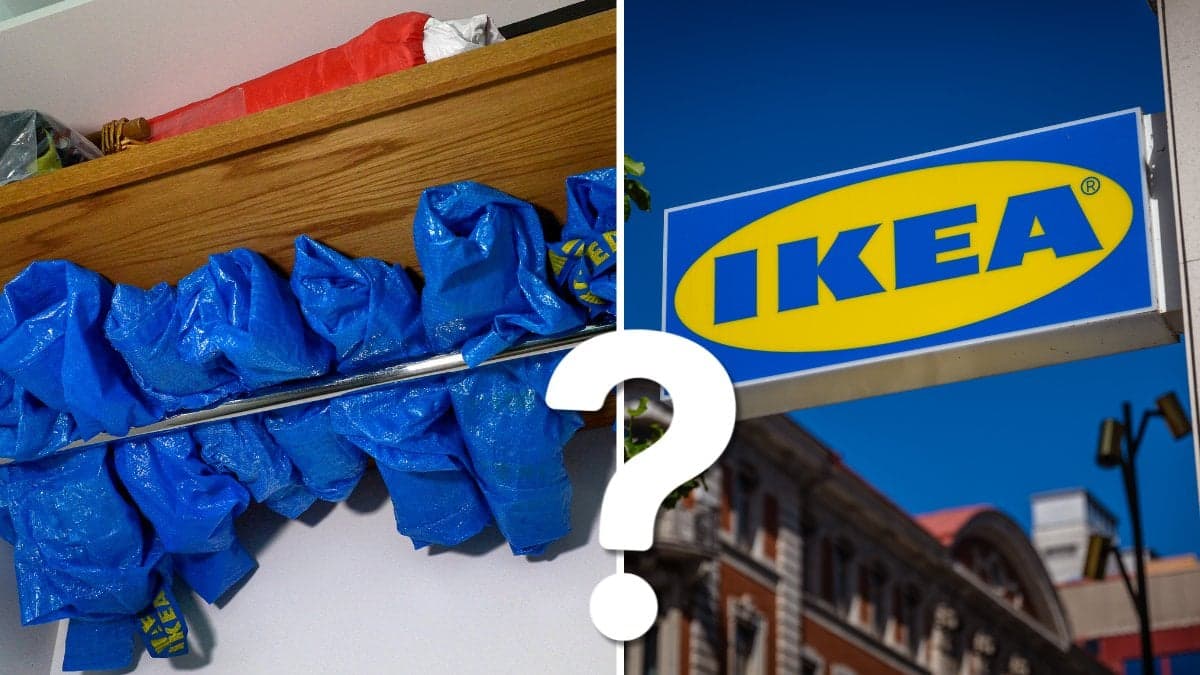 Ikea-påse och ikea-skylt.