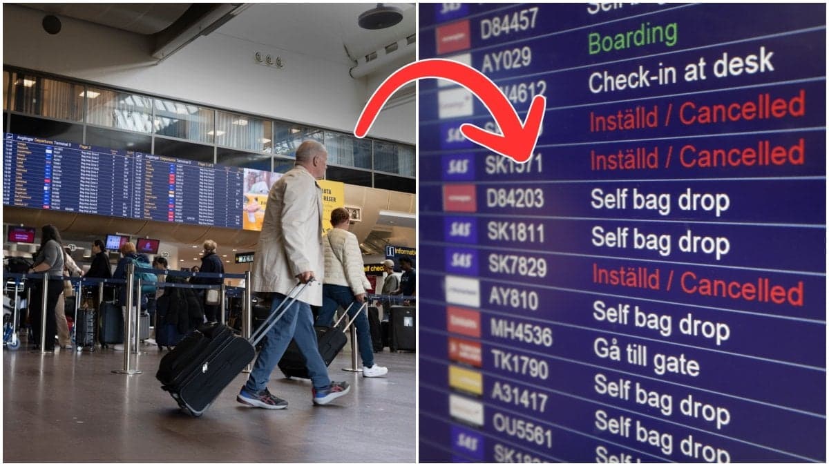 Man med resväska på Arlanda och informationstavla på flygplats.