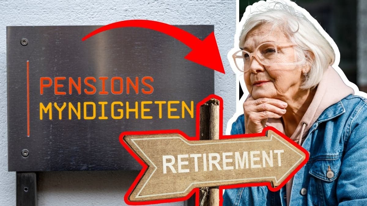 Pensionsmyndigheten-skylt vänster. Äldre dam höger. Utklippt skylt där det står retirement i mitten.