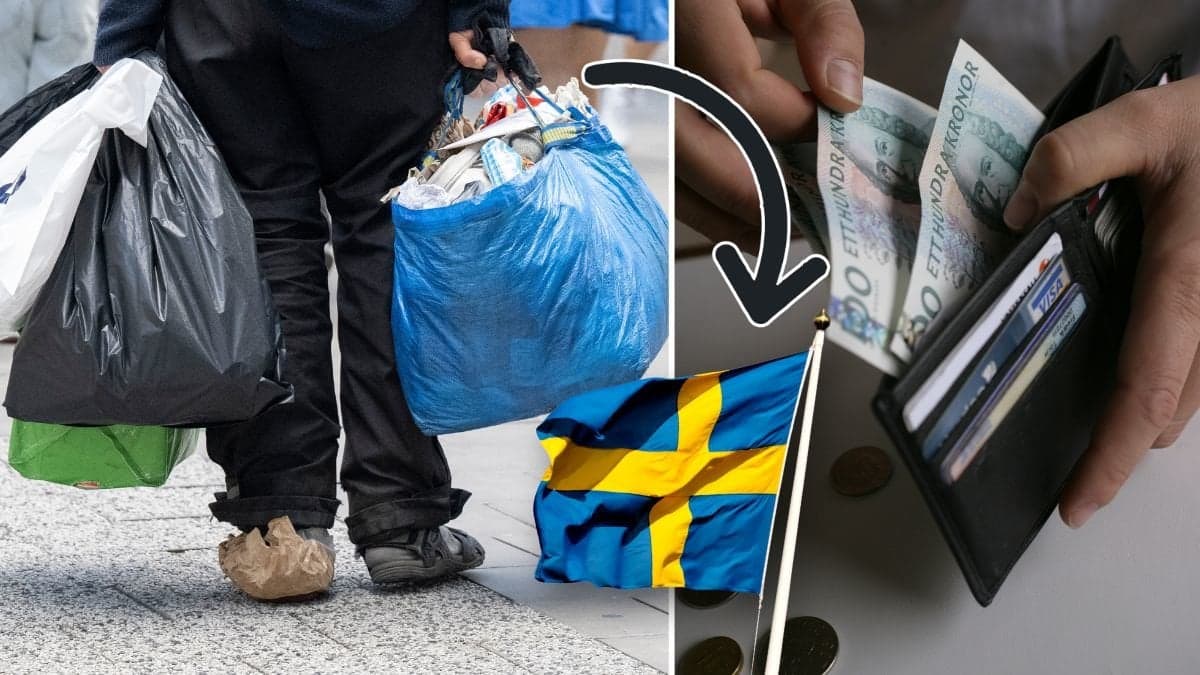 Fattig person på gata och en plånbok med svenska sedlar.