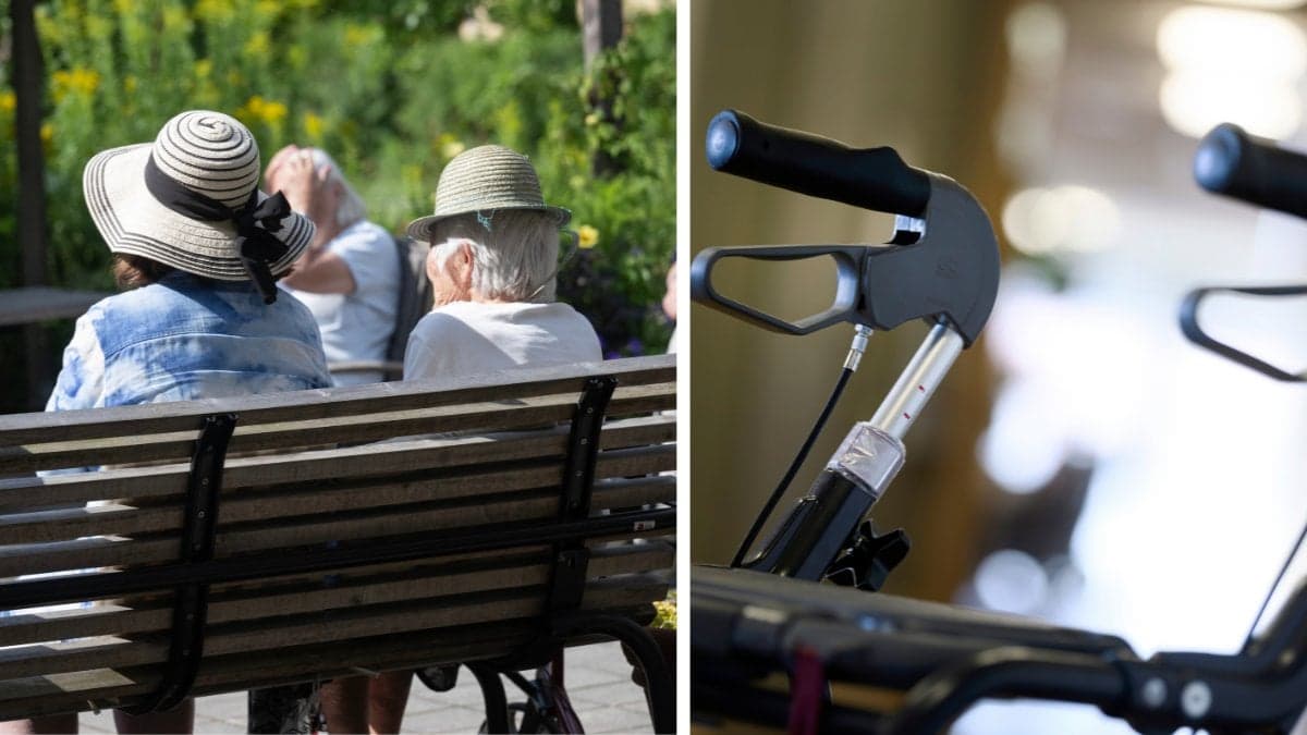 Två äldre damer i hatt som sitter på en bänk utomhus vänster. En rullator höger.